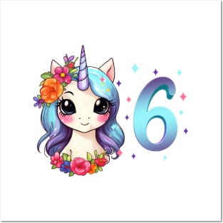 I am 6 with unicorn - girl birthday 6 years old Posters and Art